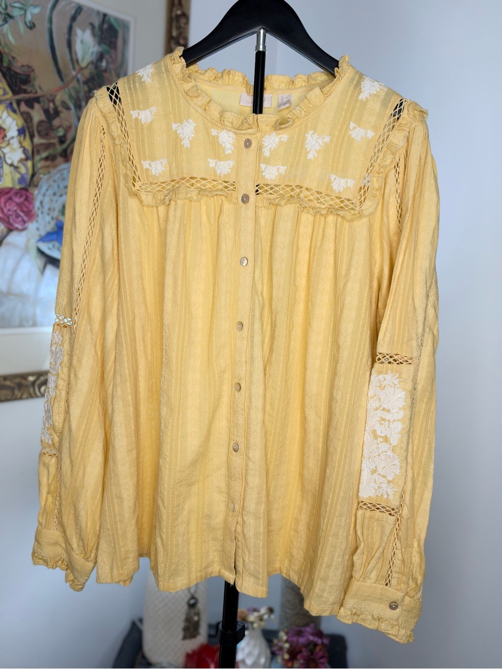 Logo Lavish Yellow Embroidered Blouse 100% Cotton Lace Boho Cottagecore Top XL